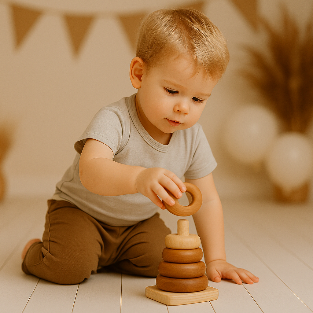 A child is playing with an educational toy and developing brain connections.