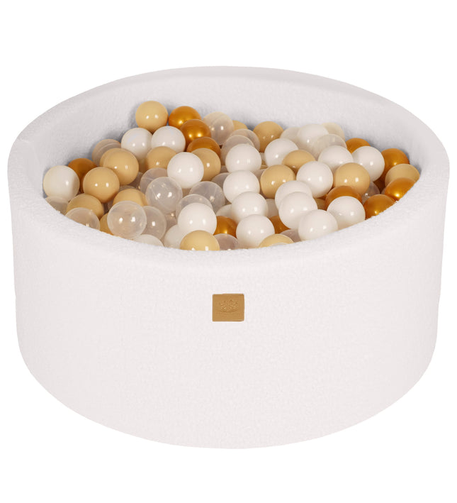 Round Ball Pit with 300 Gold/Beige/White/Transparent balls, 90x40cm - White Boucle