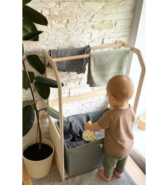 Montessori Wooden Clothes Drying Rack with Storage for Kids