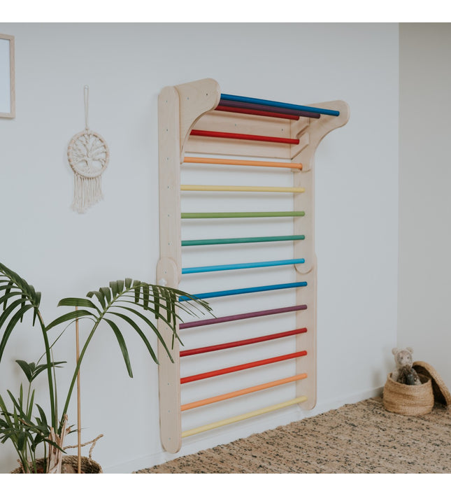 Pikler Triangle Climber with Swedish Wall Add-On (Ages 6m–7y) - Rainbow