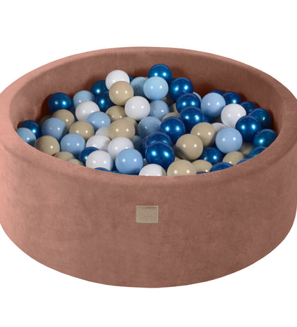 Round Ball Pit With 200 Blue/White/Beige Balls, 90x30cm - Beige Velvet